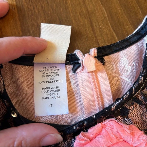 Mia Belle Baby Couture Dress 4T | Pink Jacquard, Black Lace, Rosette Detail 🇺🇸 - Picture 4 of 5